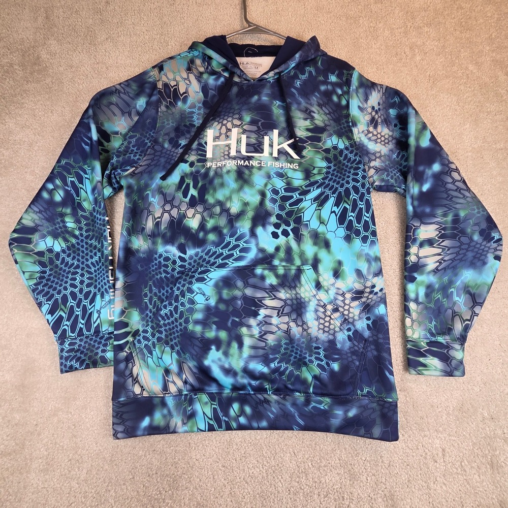 Huk Fleece Fishing Hoodie Mens Medium Kryptek Pontus Camo Blue Pullover